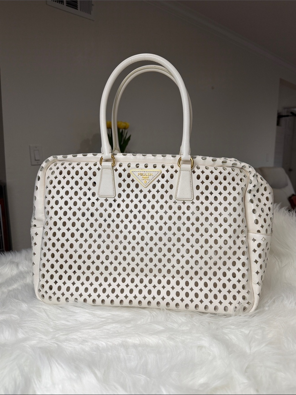 💯Authentic Prada White Perforated Leather Tote with Gold Accents🍀